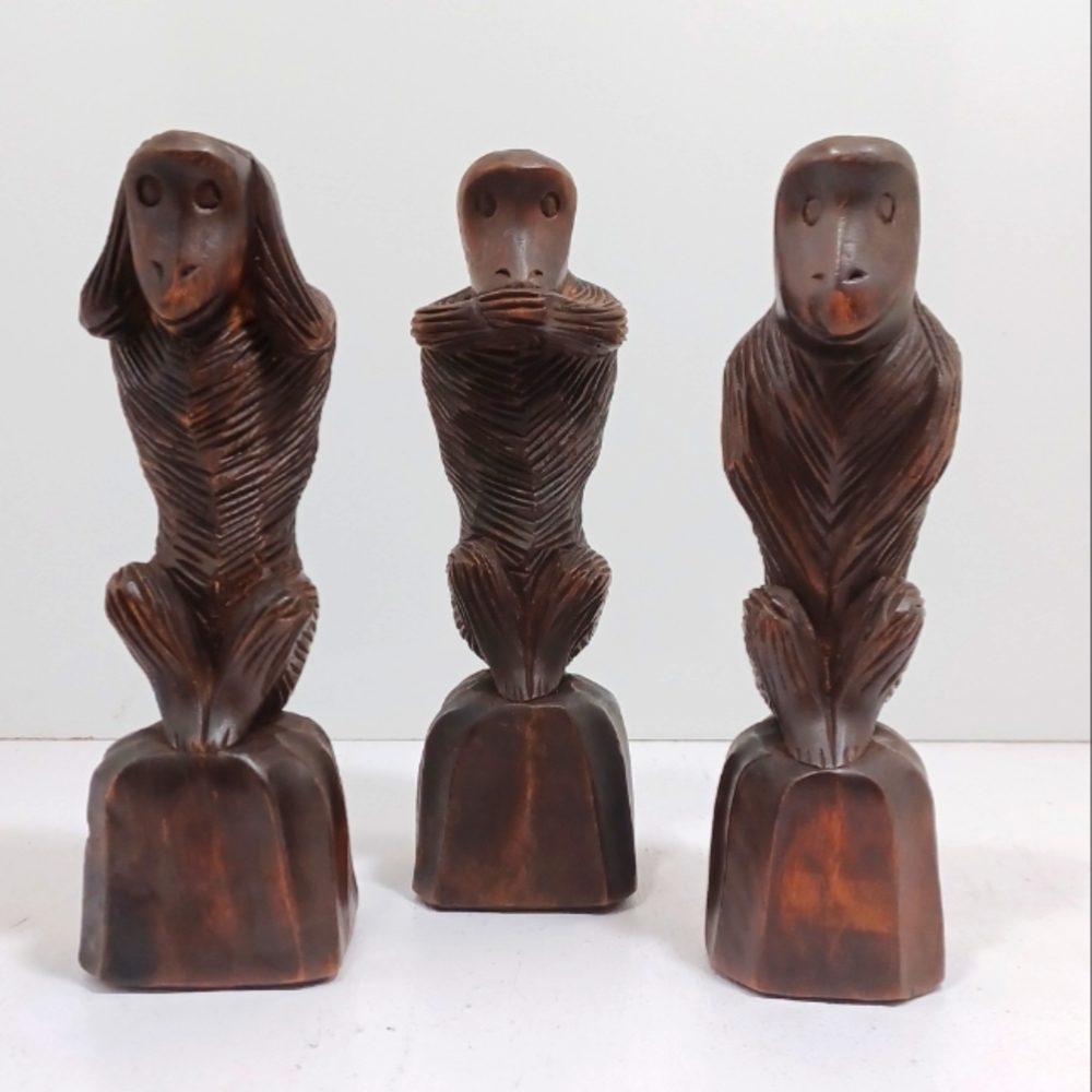 Vintage Three Wise Monkeys Carved Wood Hear, Speak, See NO EVIL (with a twist)